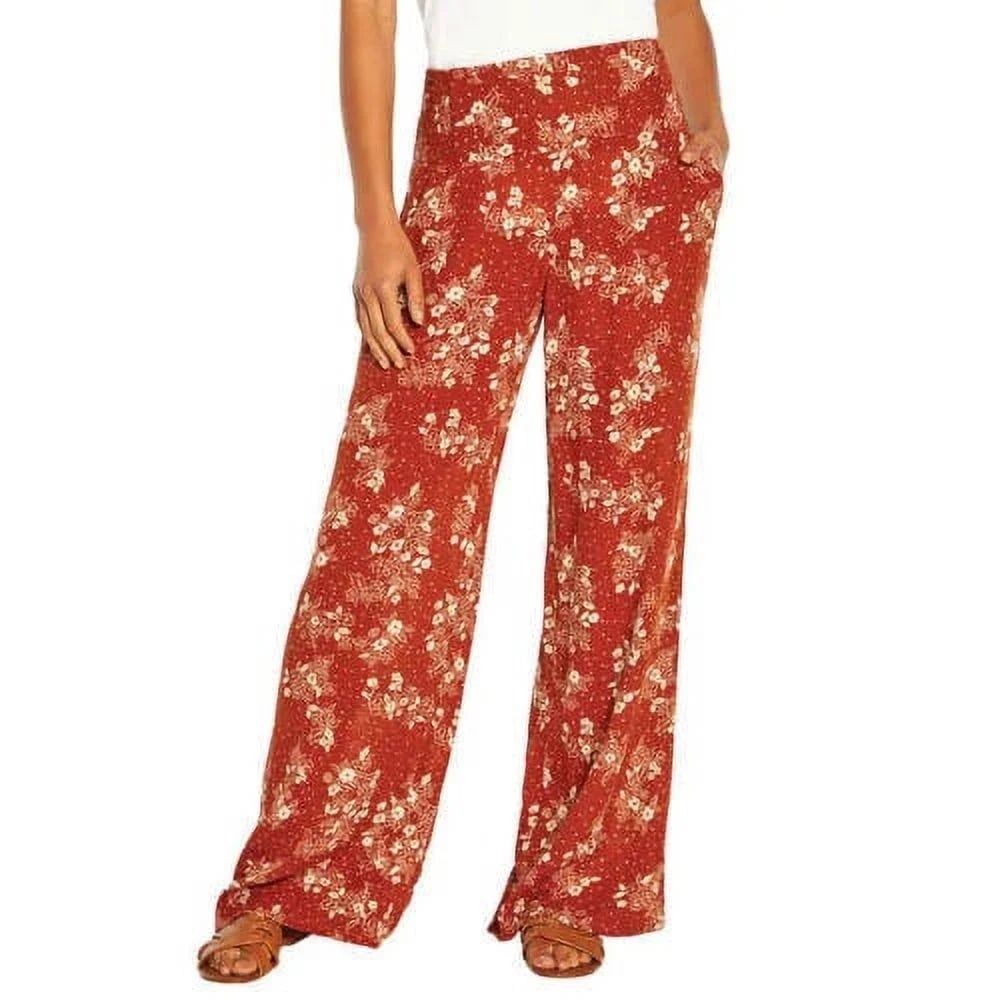 Three Dots Ladies' Hawaiian Inspired Burnt Orange Floral Crinkle Pants L